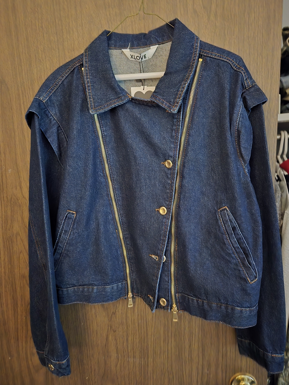 Love Dark Blue Denim Jacket with Gold Zippers